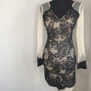 Long sleeve mesh black and nude dress.